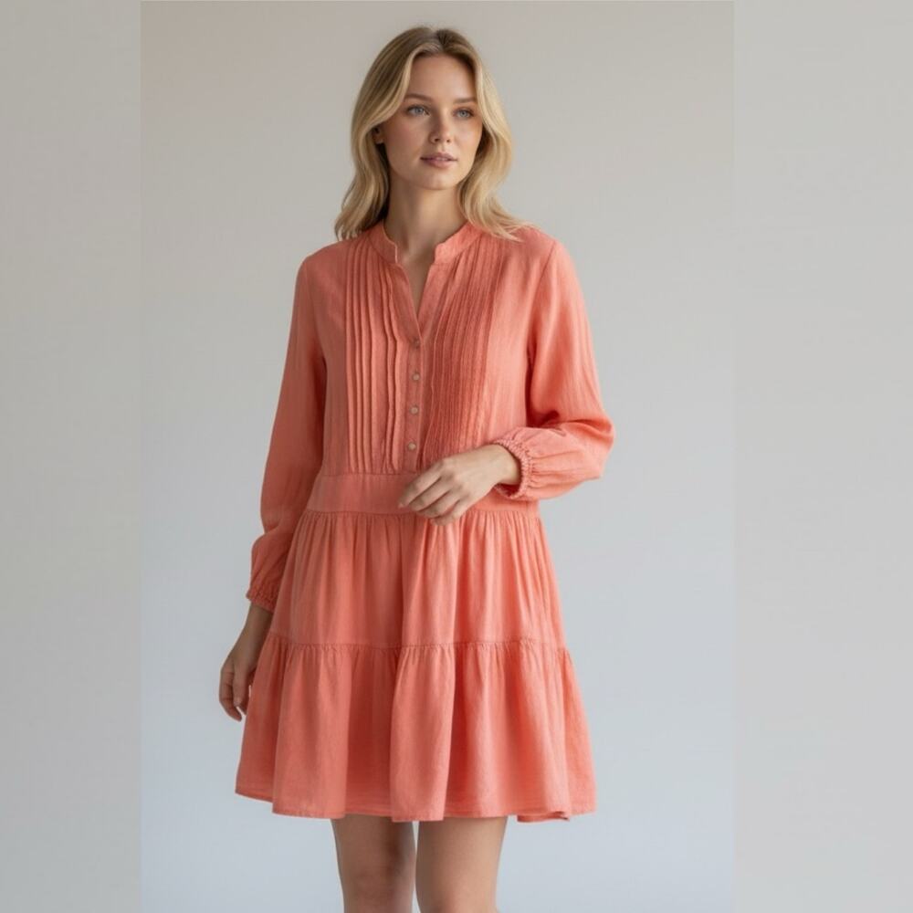 Finley Linen tiered mini Dress Coral Sz small coastal boho resort wear chic